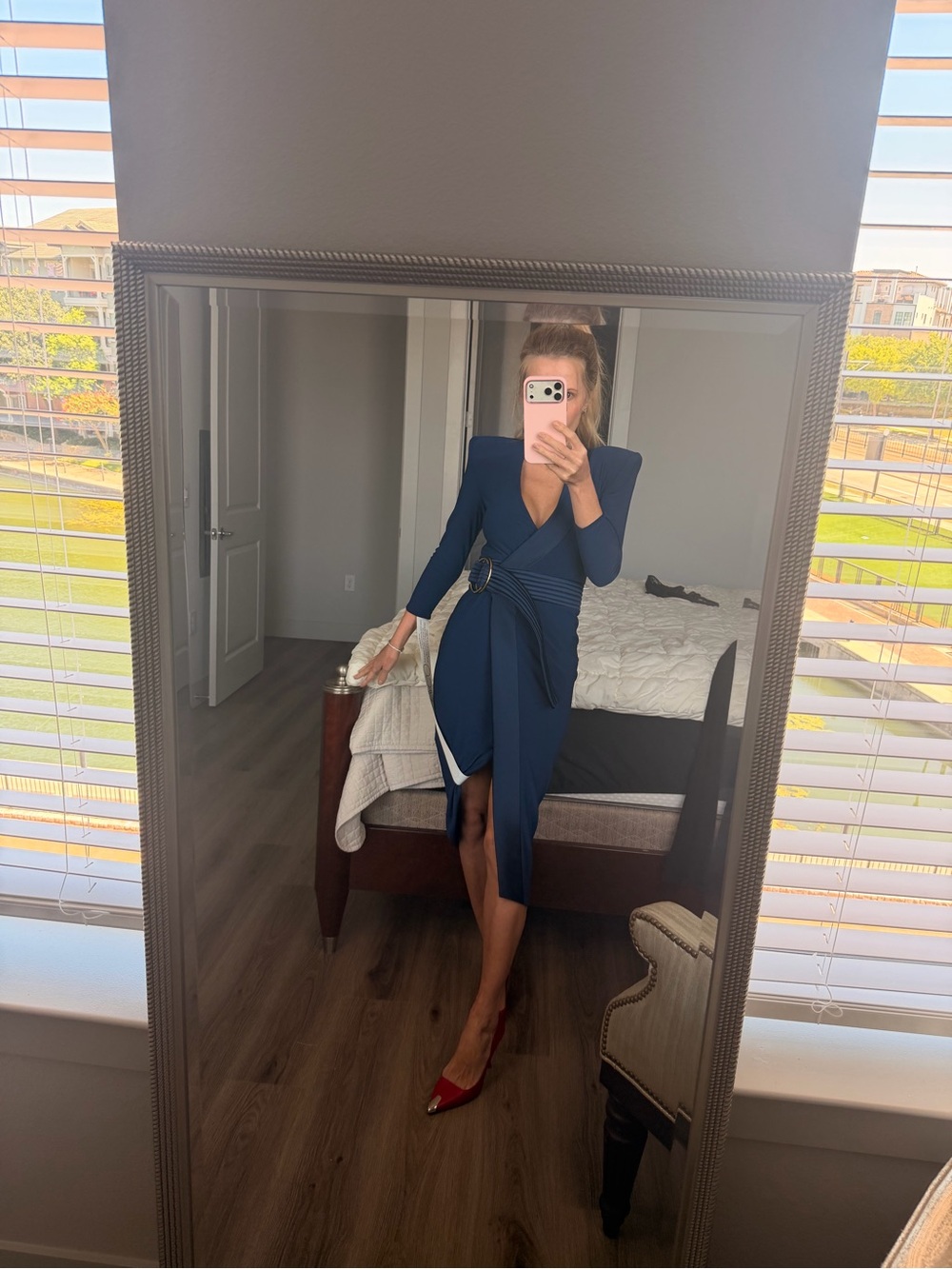Zhivago Navy Wrap Midi Dress with Buckle Detail